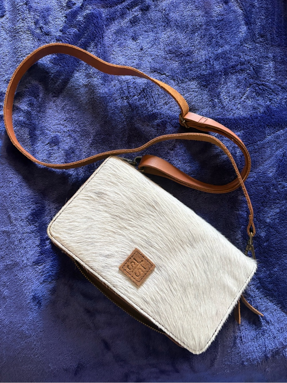 STS Ranchwear White Haircalf Crossbody with Tan Leather Strap